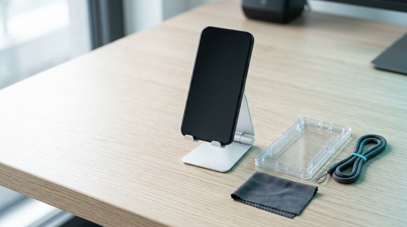 A plain unbranded phone on a folding stand beside a screen-film alignment frame, a cleaning cloth and a lanyard on a bright desk